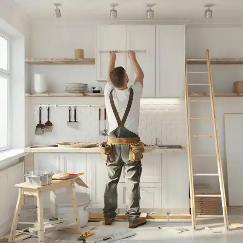 Een ervaren keukenspecialist voert professionele keukenrenovatie uit
